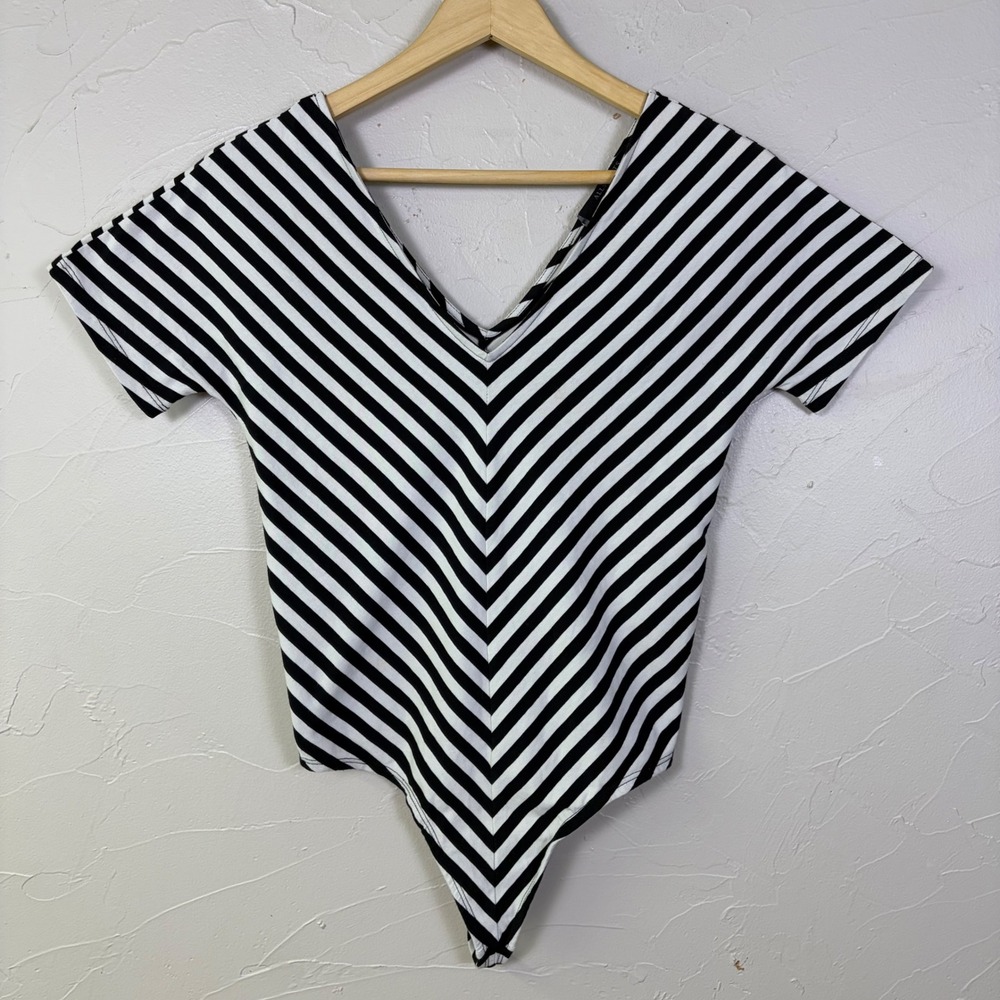 AllSaints Keavey Stripe Bodysuit Women Medium V Neck Chevron Striped Minimalist